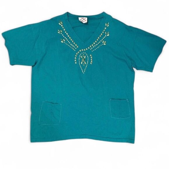 Sweet Blondie Shirt Teal V Neck Rhinestone Studded 90s 80s Wmns OS Made in USA - Picture 1 of 9